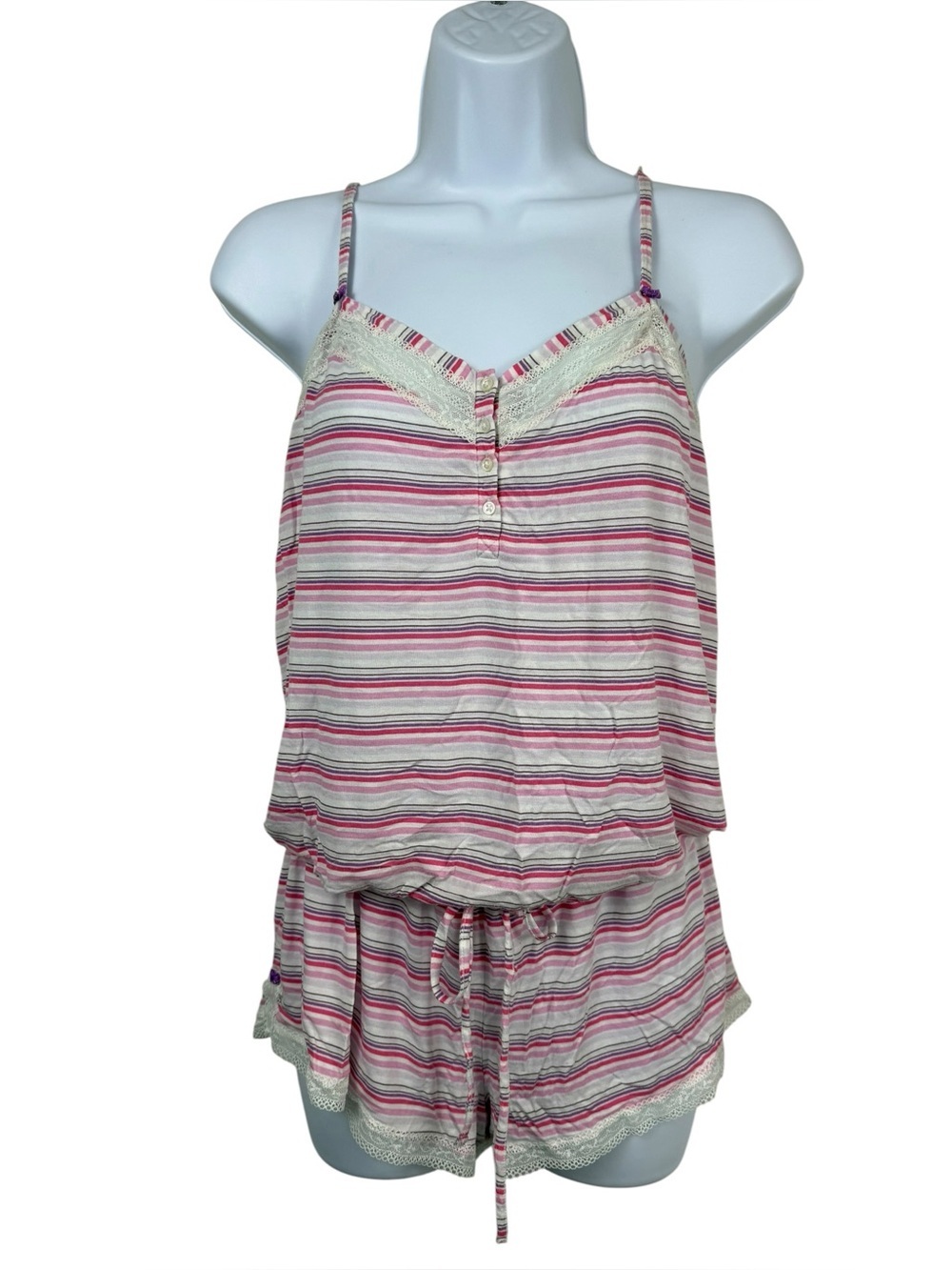 Victoria's Secret Pajamas Womens Medium Pink Striped Lace Trim Romper Sleepwear